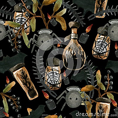 Watercolor seamless pattern on the theme of Halloween, Stock Photo